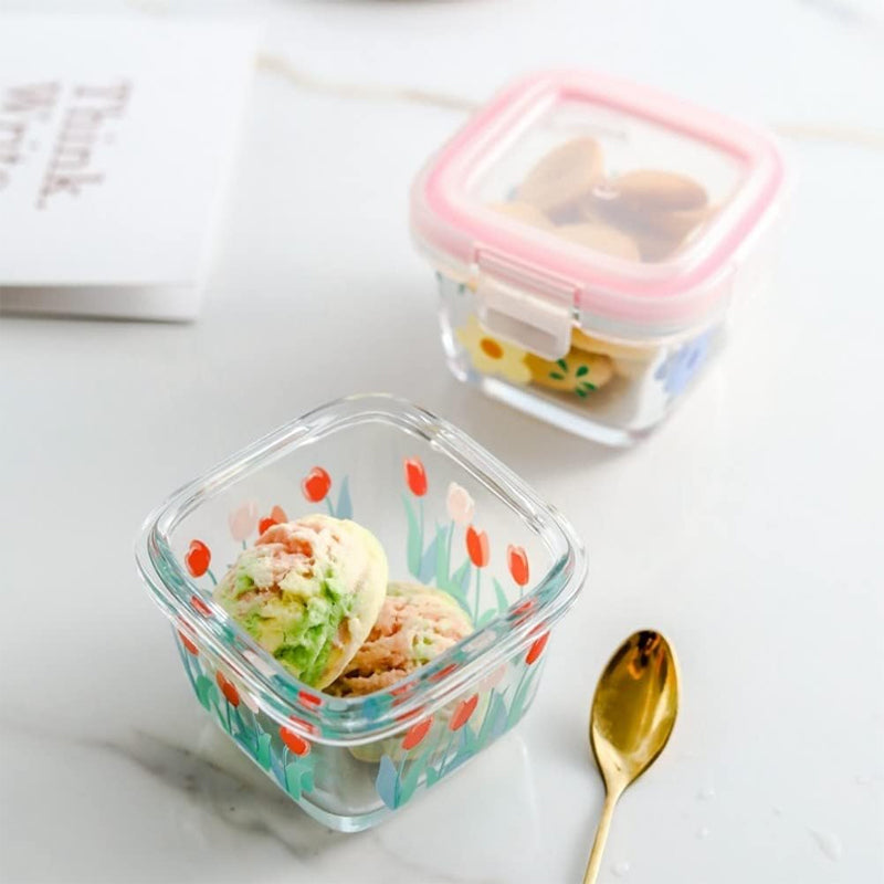 BowLift | 2 Pack 4 Oz Mini Square Glass Food Storage Containers With Lids,Floral Food Jars Small Glass Container For Food Portion, Sauce,Snack,Yogurt,Freezer Microwave Safe