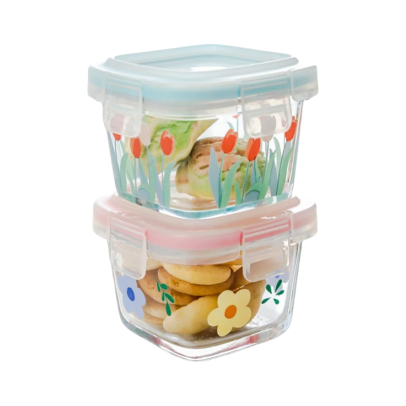 BowLift | 2 Pack 4 Oz Mini Square Glass Food Storage Containers With Lids,Floral Food Jars Small Glass Container For Food Portion, Sauce,Snack,Yogurt,Freezer Microwave Safe