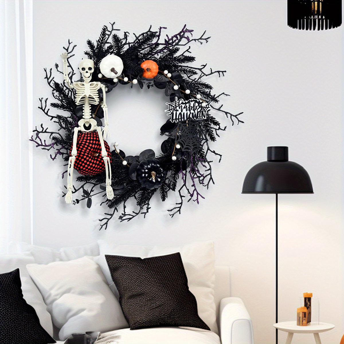 BowLift | Gothic Skeleton Pumpkin Halloween Wreath for Door – Spooky Decor with Faux Pumpkins and Eerie Accents