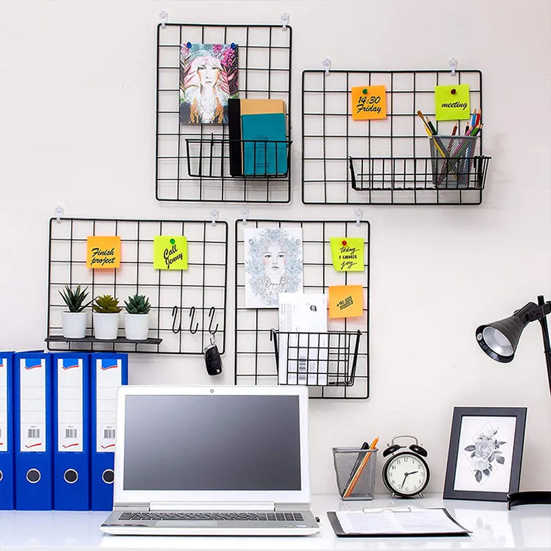 BowLift | Hanging Black Metal Wall Wire Grid Panel 4 Packs DIY Pictures Wall Display For Home Office Kitchen Decor