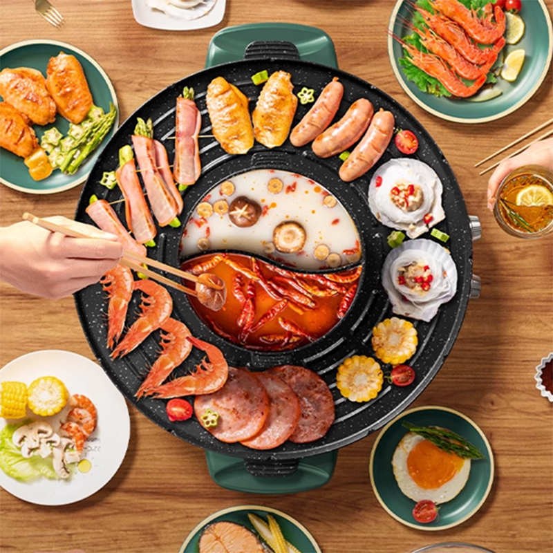 BowLift | 1800W Electric Hot Pot Grill Multifunctional Hot Pot Electric Grill Integrated Pot Household Less Smoke Korean Grill Pan Shabu-Shabu Grill Dual-Purpose Grilled Fish Grill Machine