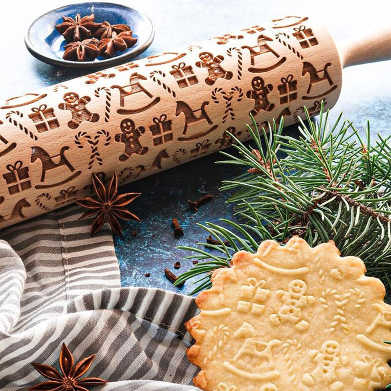 BowLift | Embossed Rolling Pin Christmas Roller | Handmade from Beech Wood | Christmas Designs & Cookie Cutters