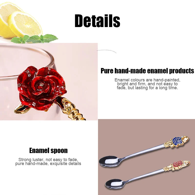 BowLift | Handcrafted Enamel Coffee Mugs Rose-Glass Tea Cup with Steel Spoon Luxury Unique Gifts for Wedding Valentine's Day Birthday Gifts