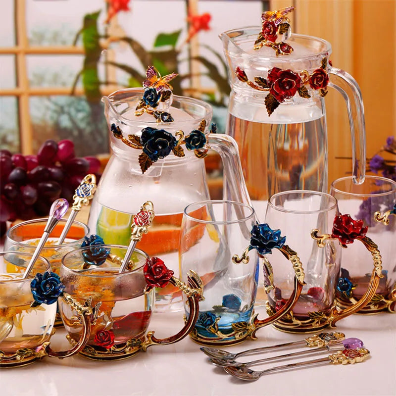 BowLift | Handcrafted Enamel Coffee Mugs Rose-Glass Tea Cup with Steel Spoon Luxury Unique Gifts for Wedding Valentine's Day Birthday Gifts