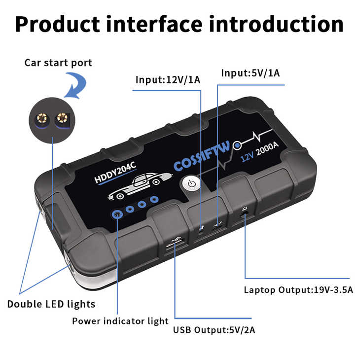 BowLift | 2000A UltraSafe 12V Car Jump Starter – Portable Battery Booster Pack with USB Charger & LED Flashlight – Up to 6.0L Petrol / 3.0L Diesel Engines