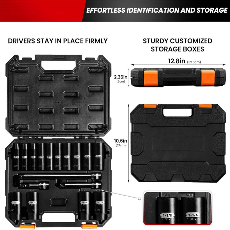 BowLift | 18PCS 1/2-Inch Impact Deep Well Metric Socket Set Metric 10-24mm Include 3" 5" 10" Extension Bars 6 Point Chrome Vanadium Steel Socket Set