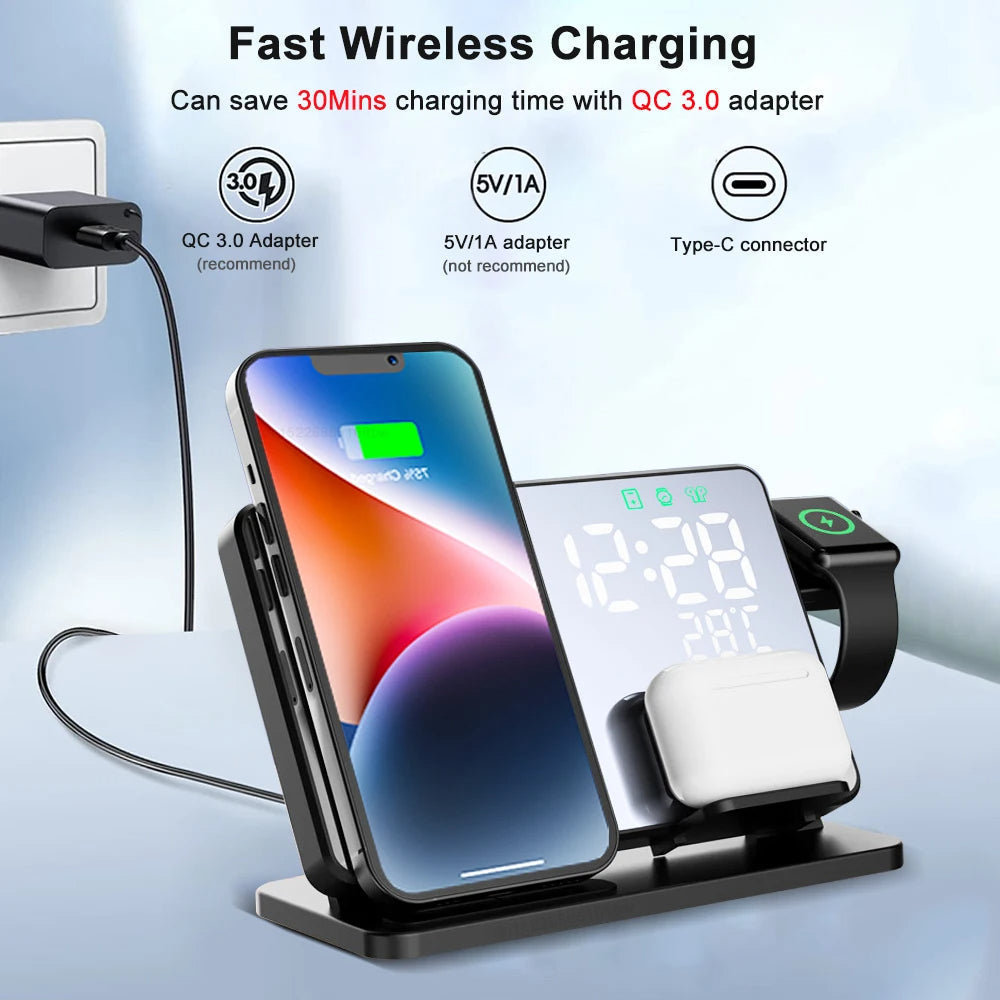 BowLift | 3-in-1 Quick Charge Station | Premium Wireless Fast Charging Docking Station with Alarm Clock | for Apple iPhone, Watch & AirPods