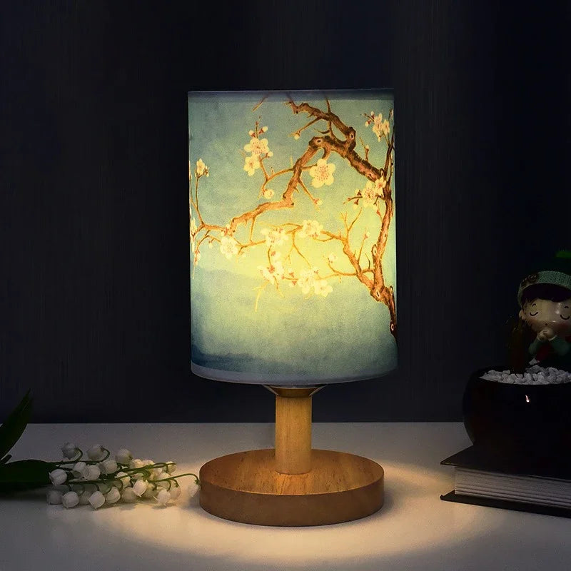 BowLift | Dimmable LED bedside lamp with fabric shade in plum blossom – Perfect bedroom night lamp