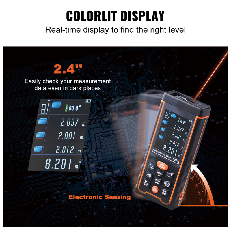 BowLift | Laser Measure 328 Ft Digital Laser Distance Meter Measurement,ft/m/in/ft+in, 2.4'' Colorlit LCD Screen Laser Meter, Pythagorean Mode, Measure Distance, Area and Volume
