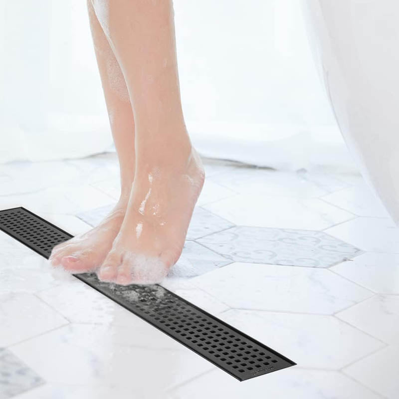 BowLift | 18-Inch Linear Shower Drain with Quadrato Pattern Grate Hair Strainer Shower Drain Base Stainless Steel Linear Drain