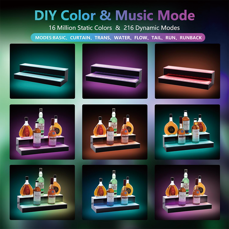 BowLift | 2 Tier Led Liquor Bottle Display Shelf, 24 Inch Whiskey Rack with RF Remote and App Control, Illuminated Acrylic Lighting Shelves for Home Bar, Party