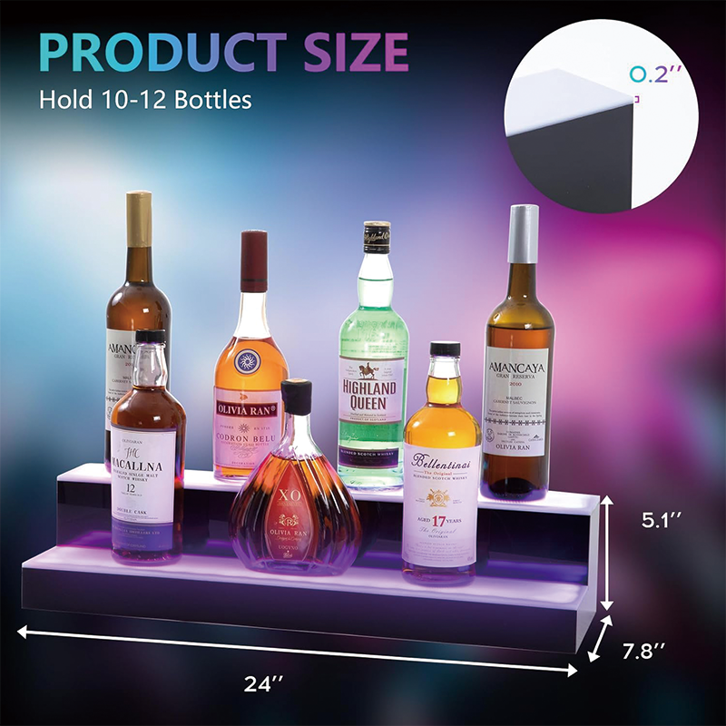 BowLift | 2 Tier Led Liquor Bottle Display Shelf, 24 Inch Whiskey Rack with RF Remote and App Control, Illuminated Acrylic Lighting Shelves for Home Bar, Party