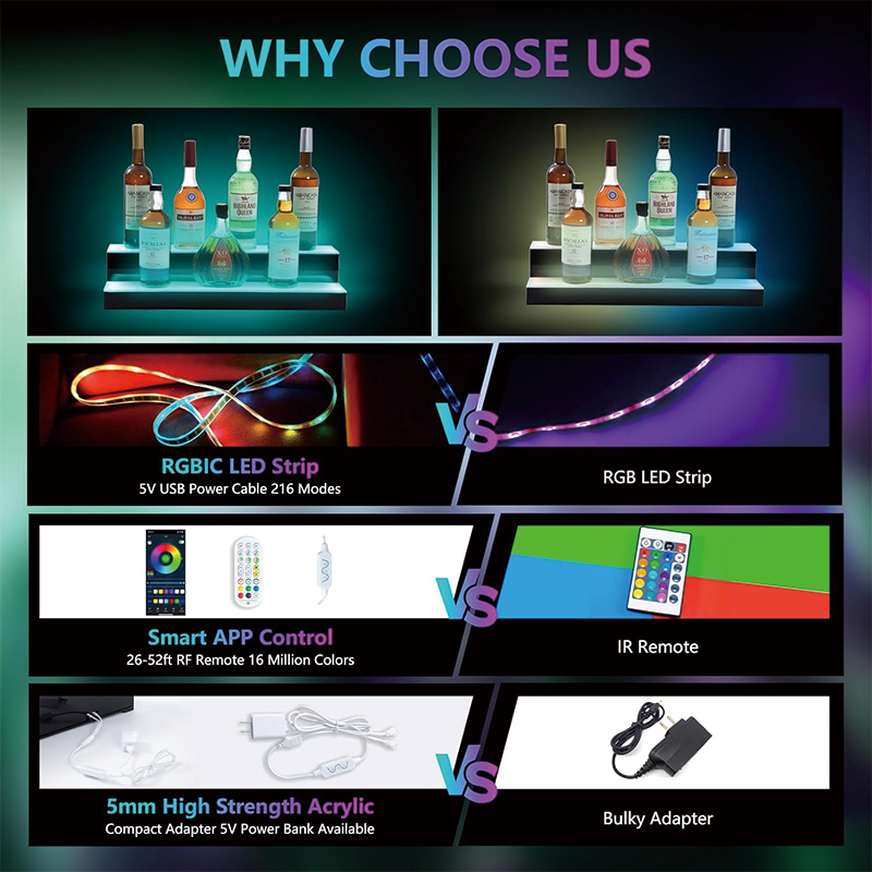 BowLift | 2 Tier Led Liquor Bottle Display Shelf, 24 Inch Whiskey Rack with RF Remote and App Control, Illuminated Acrylic Lighting Shelves for Home Bar, Party