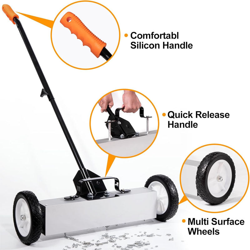 BowLift | 18 Inches 26 Lbs Magnetic Sweeper with Wheels with Quick Release Latch and Extension Handle