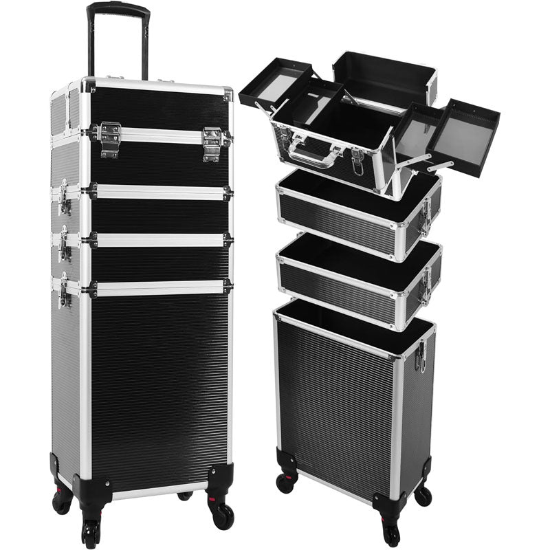 BowLift | Makeup Rolling Trolley 5 in 1 Professional Makeup Train Case Aluminum Cosmetic Case with Key Swivel Wheels , Black
