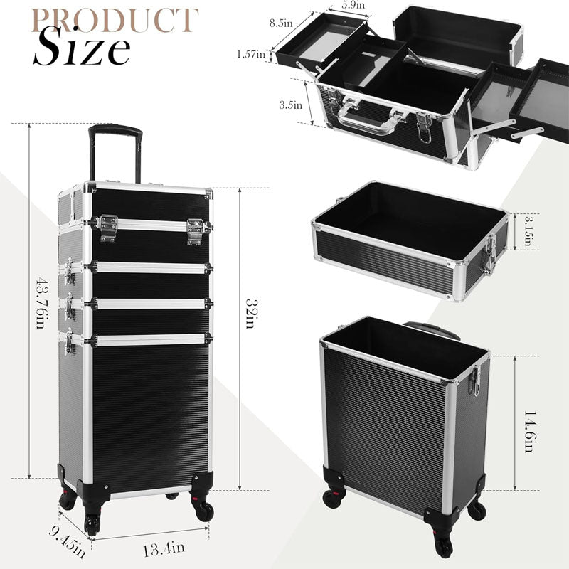 BowLift | Makeup Rolling Trolley 5 in 1 Professional Makeup Train Case Aluminum Cosmetic Case with Key Swivel Wheels , Black