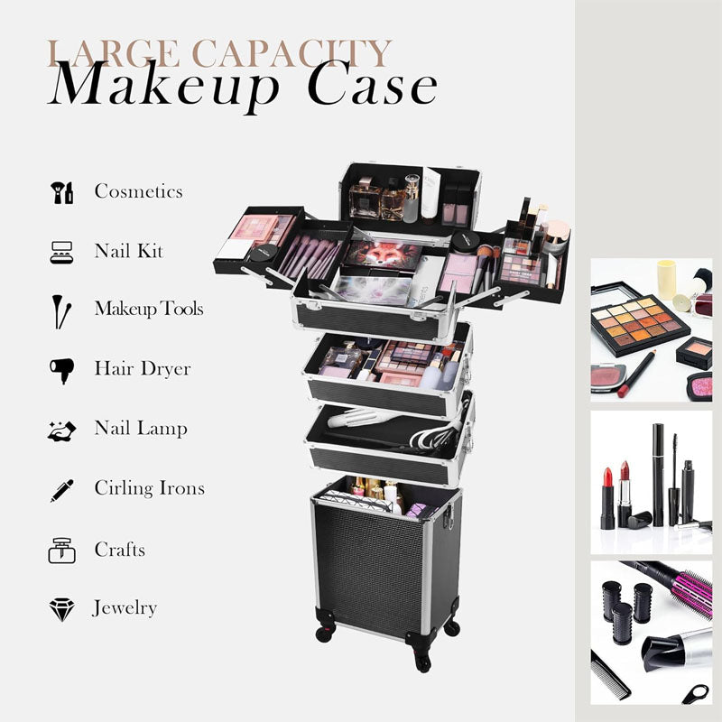BowLift | Makeup Rolling Trolley 5 in 1 Professional Makeup Train Case Aluminum Cosmetic Case with Key Swivel Wheels , Black