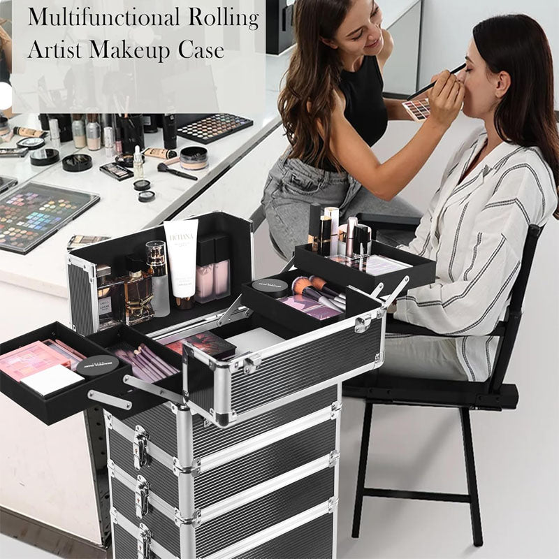 BowLift | Makeup Rolling Trolley 5 in 1 Professional Makeup Train Case Aluminum Cosmetic Case with Key Swivel Wheels , Black