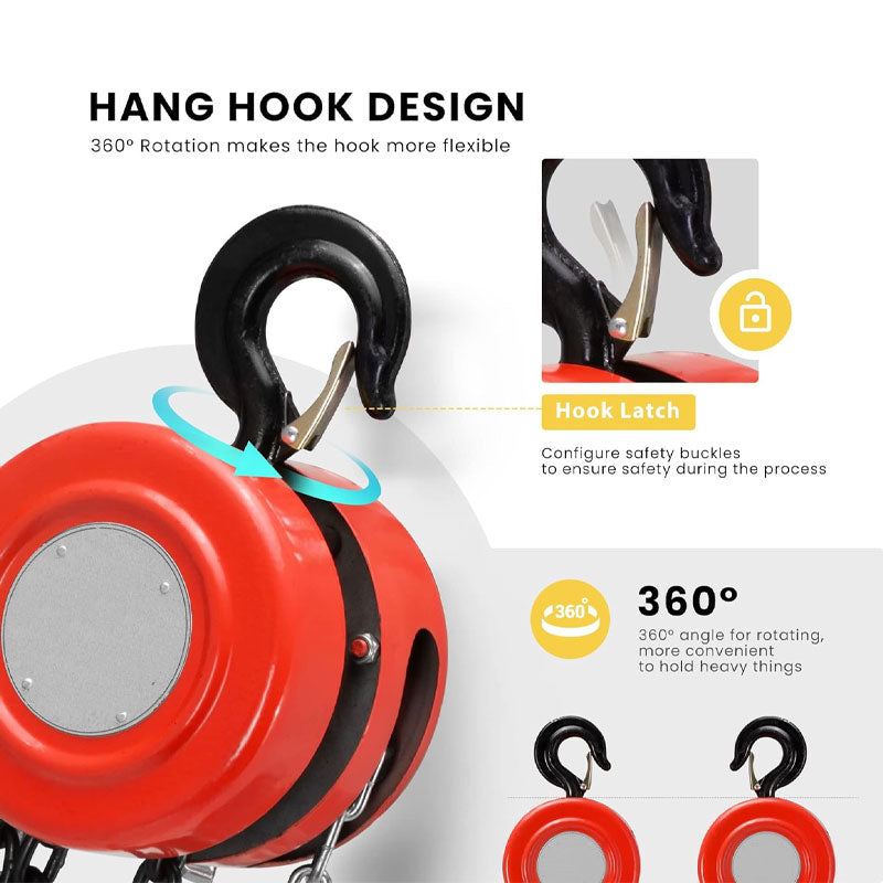 BowLift | Manual Chain Hoist 1 Ton 2200 Lbs Capacity 10ft With 2 Heavy Duty Hooks, Manual Chain Hoist For Warehouse Building Auto Machinery Red