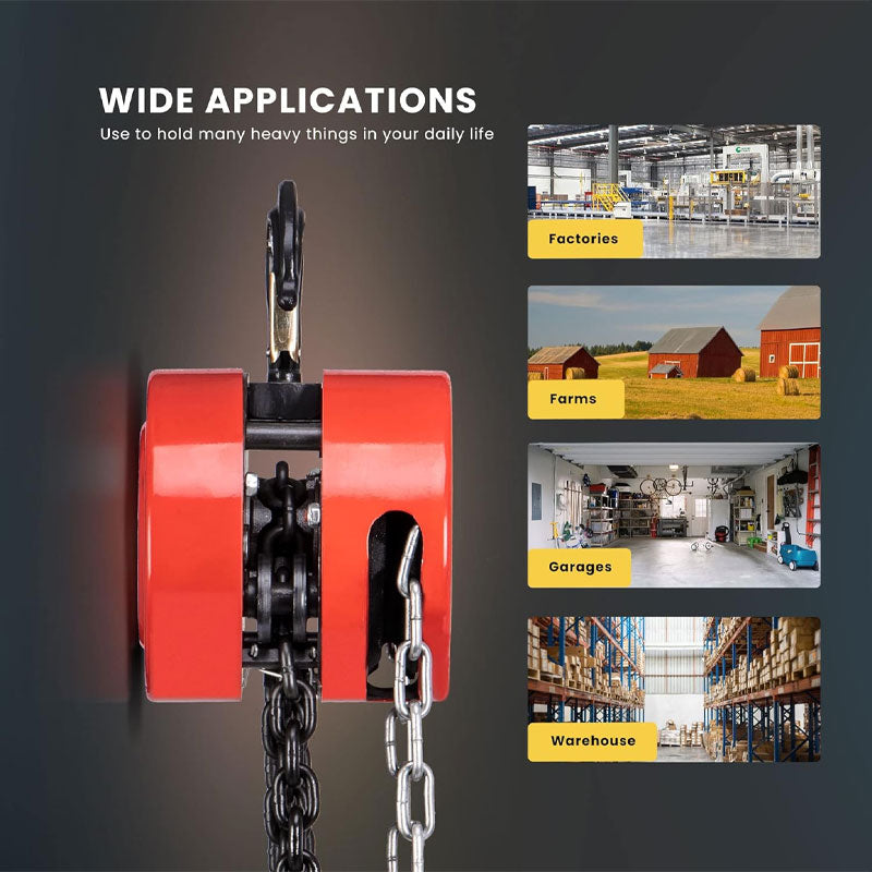 BowLift | Manual Chain Hoist 1 Ton 2200 Lbs Capacity 10ft With 2 Heavy Duty Hooks, Manual Chain Hoist For Warehouse Building Auto Machinery Red