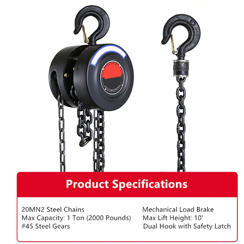 BowLift | Manual Chain Hoist, 1 Ton / 2000 lbs Capacity, 10 Ft Lift, For Transport And Shop Lifting