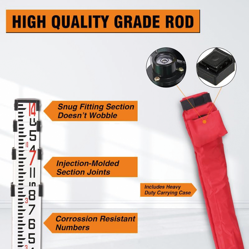 BowLift | Measuring Rod , 14-Foot Aluminum Grade Rod 10ths with Carrying Case and Rod level , Aluminum Grade Rod