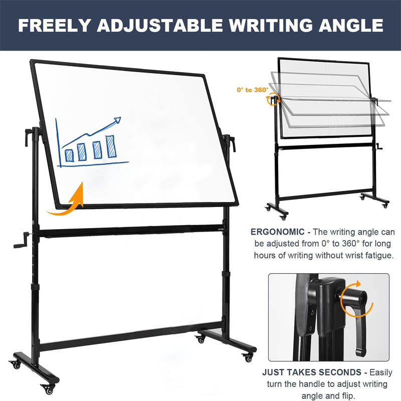 BowLift | Mobile White Board 48 X 36 Inches Height Adjustable on Wheels Double-Sided Rolling Dry Erase Board with Stand