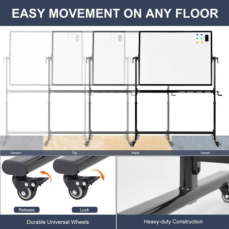 BowLift | Mobile White Board 48 X 36 Inches Height Adjustable on Wheels Double-Sided Rolling Dry Erase Board with Stand