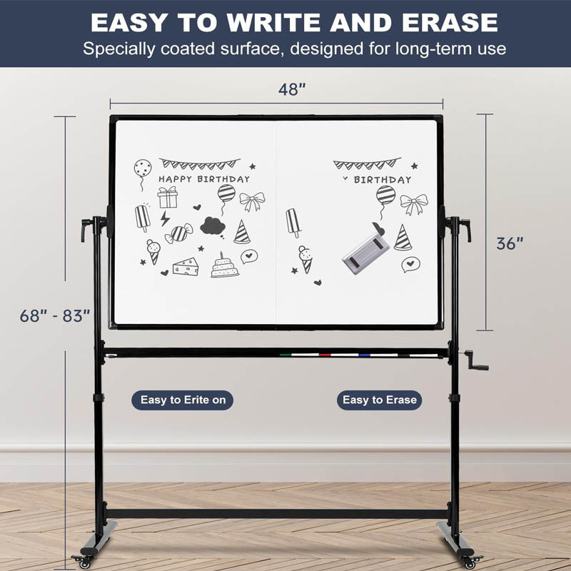 BowLift | Mobile White Board 48 X 36 Inches Height Adjustable on Wheels Double-Sided Rolling Dry Erase Board with Stand
