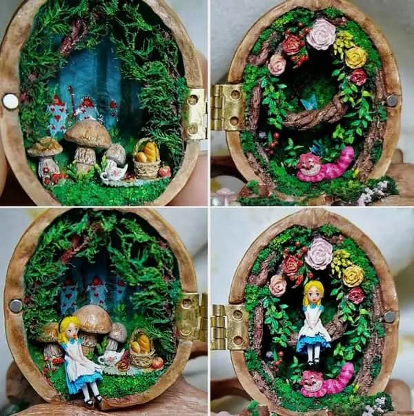 BowLift | Handmade dollhouse made from walnut shells with interior lighting