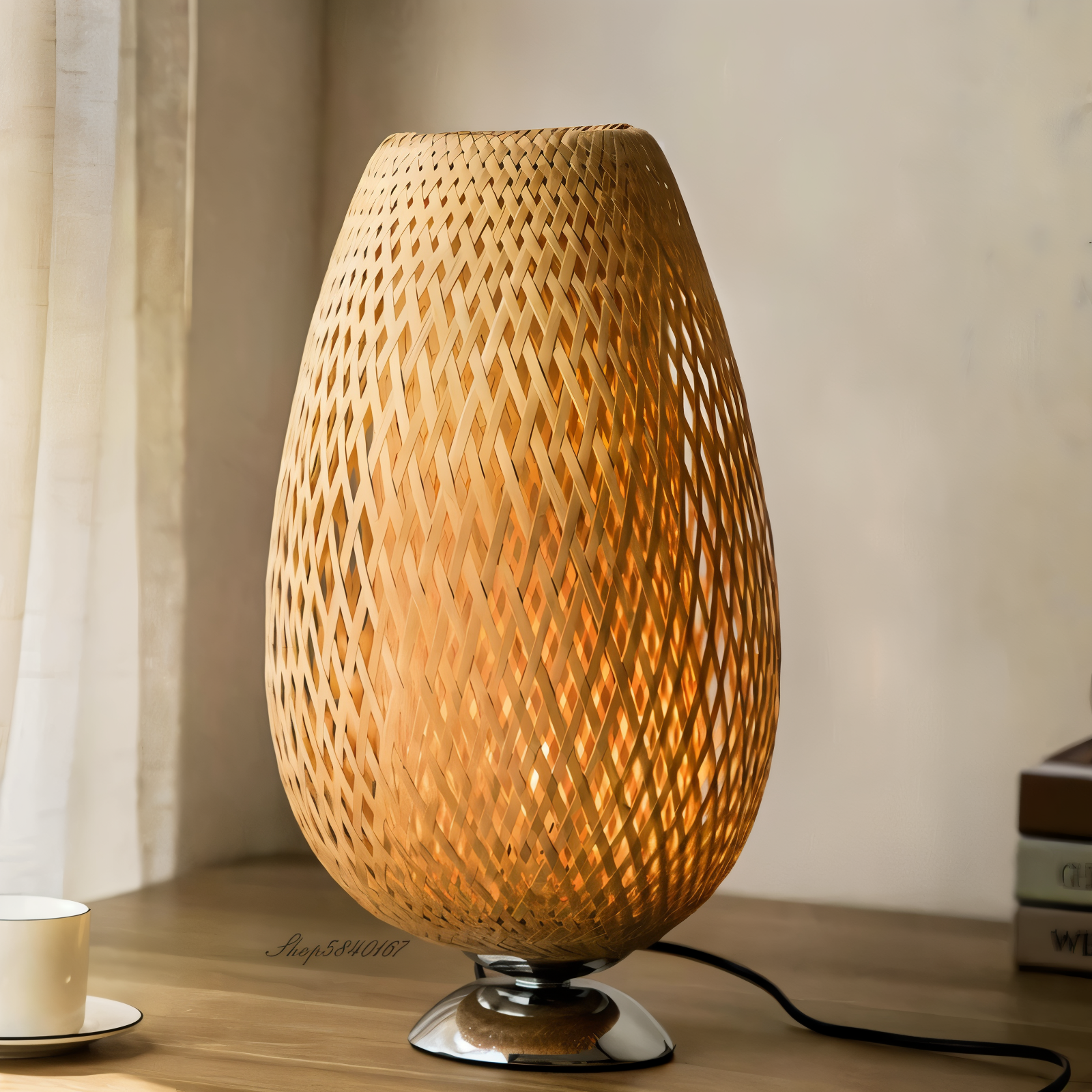 BowLift | NatureHue – Vintage Bamboo Table Lamp – Creative Woven Rattan Desk Light
