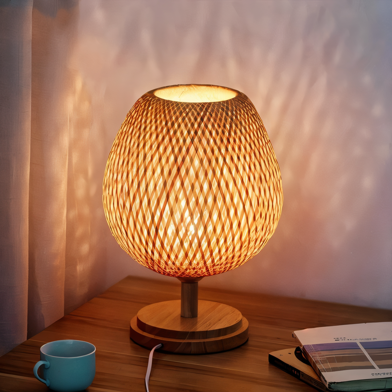 BowLift | NatureHue – Vintage Bamboo Table Lamp – Creative Woven Rattan Desk Light