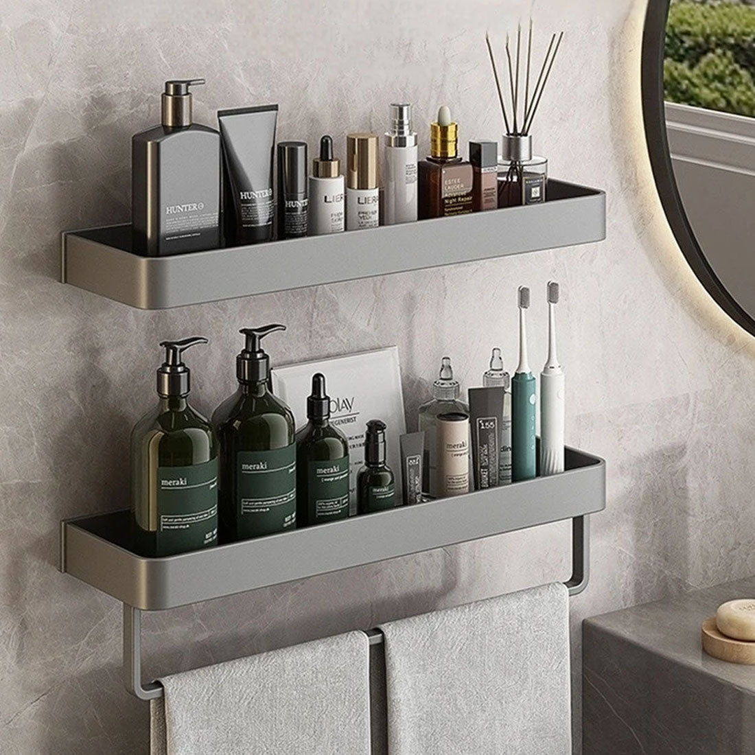 BowLift | Floating Bathroom Shelves with Hooks Without Drilling – Gray, Space-Saving