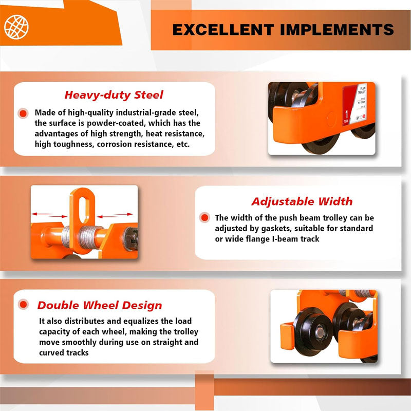 BowLift | 1T/2200LBS Double Wheel Beam Trolley, Manual Hand Push Trolley Lifter With Double Track Rollers, Heavy Duty Alloy Steel Garage Lifter For Straight And Bent I-Beams