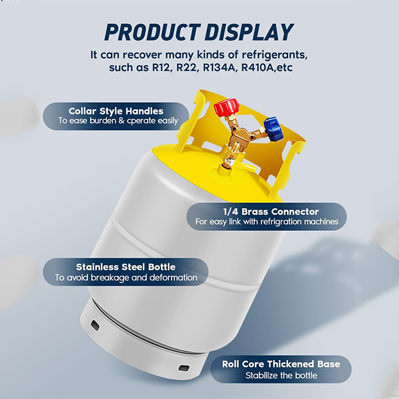 BowLift | Recovery Cylinder Recovery Tank 30 lb Reusable Recovery Cylinder 1/4 SAE Y-Valve Recovery Tank No Float Switch Gray Yellow