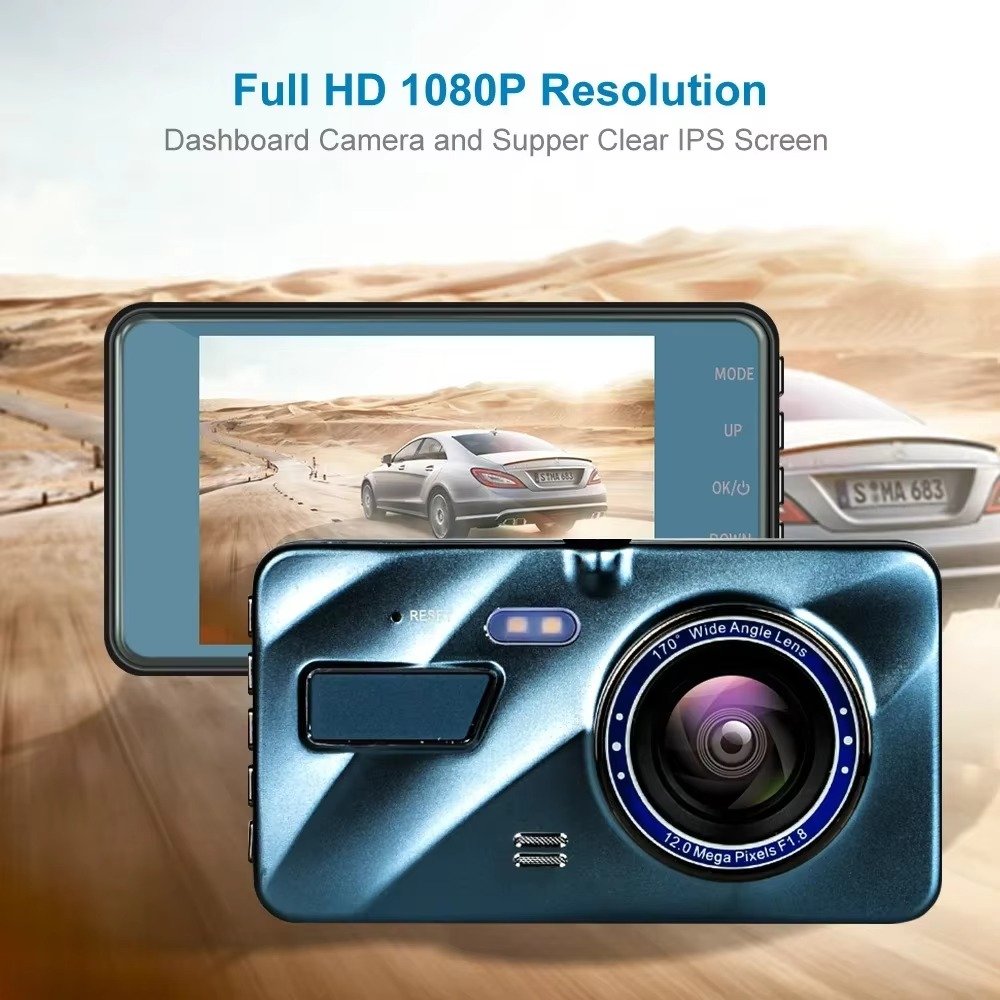BowLift | 4" Dual Lens Dash Cam with Full HD 1080P, Night Vision, Front and Rear View, Loop Recording, Aluminum Alloy Black Box