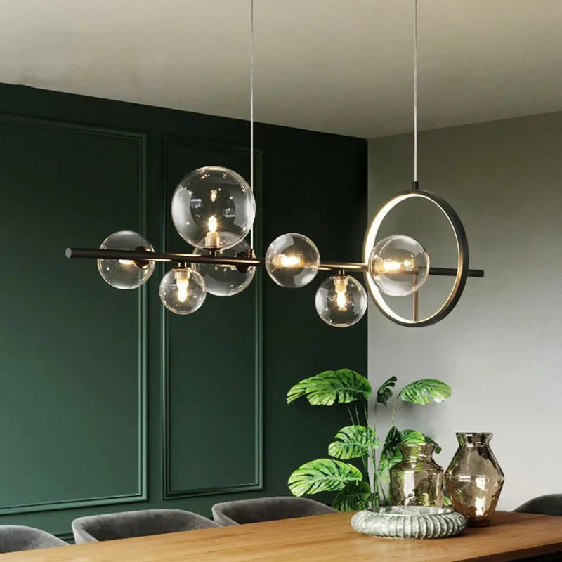 BowLift | Modern Creative Metal Chandelier Lighting: 7/10 Clear Glass Bubbles, Long Round Design with G9 Light Fixture