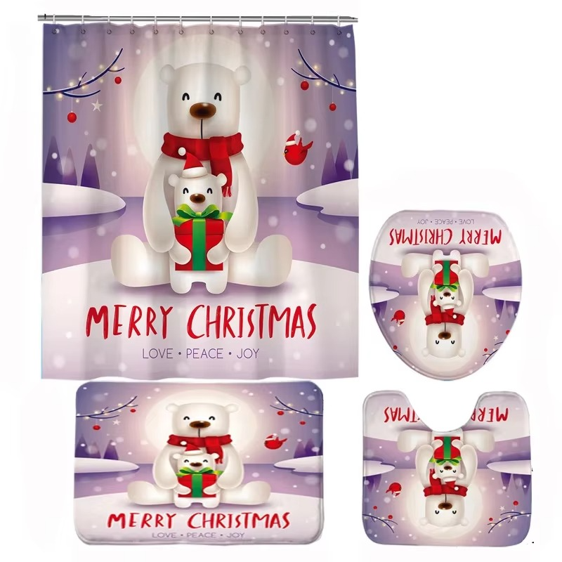 BowLift | Christmas Bathroom Set with Shower Curtain, Non-Slip Bath Mat, Toilet Lid Cover, and Rug – Santa, Bear, and Snowman Winter Design