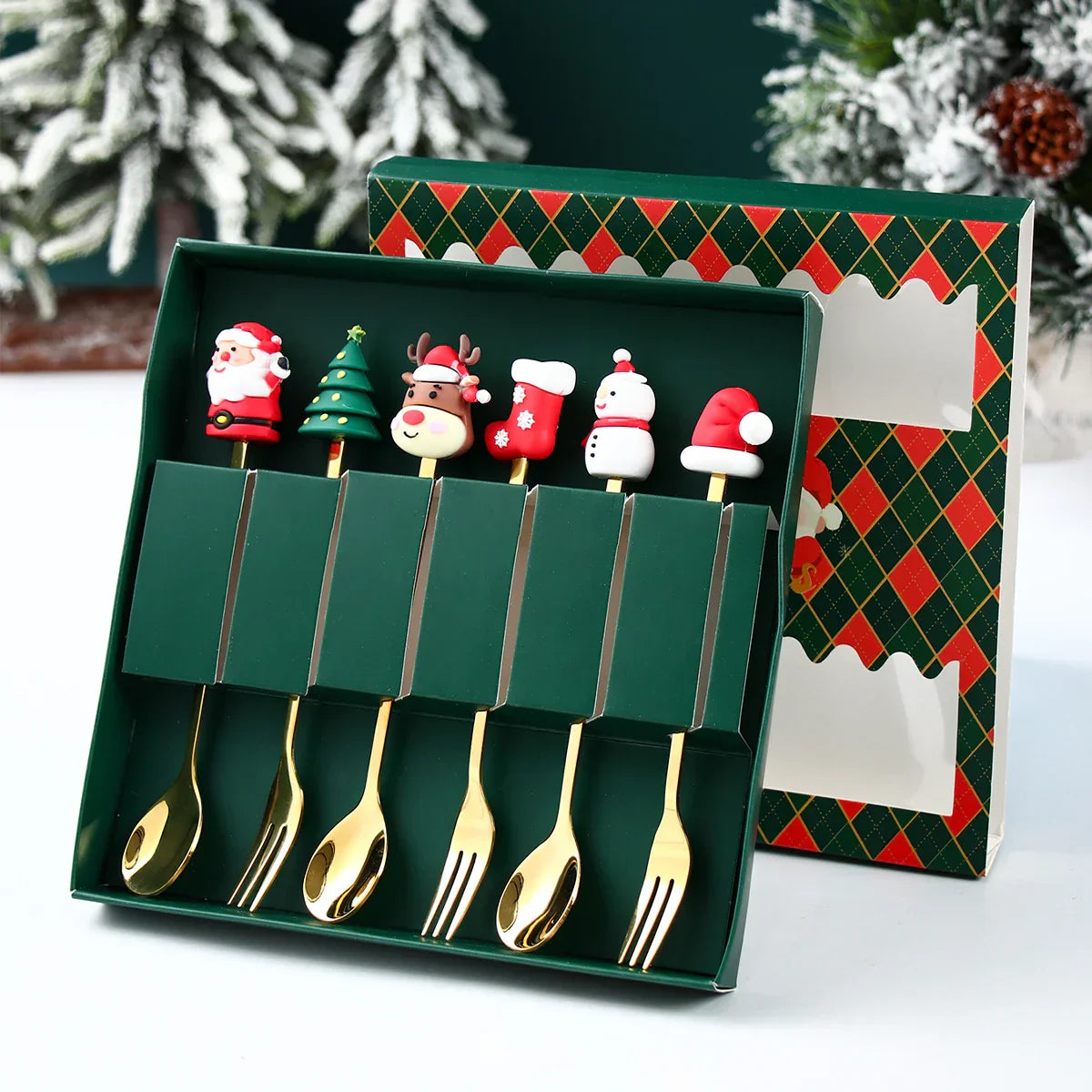 BowLift | GoldParty Christmas Cutlery Set – Luxury Gold Spoon and Fork with Santa Claus Design