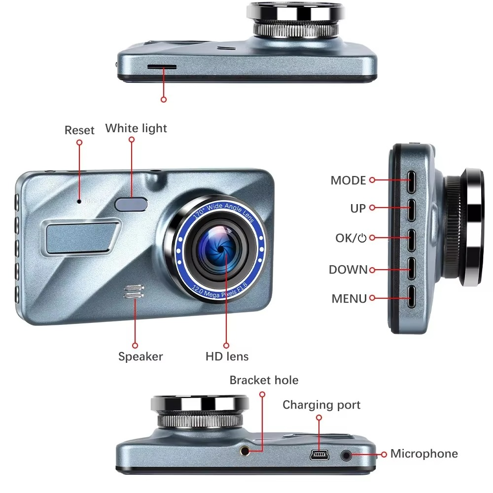 BowLift | 4" Dual Lens Dash Cam with Full HD 1080P, Night Vision, Front and Rear View, Loop Recording, Aluminum Alloy Black Box