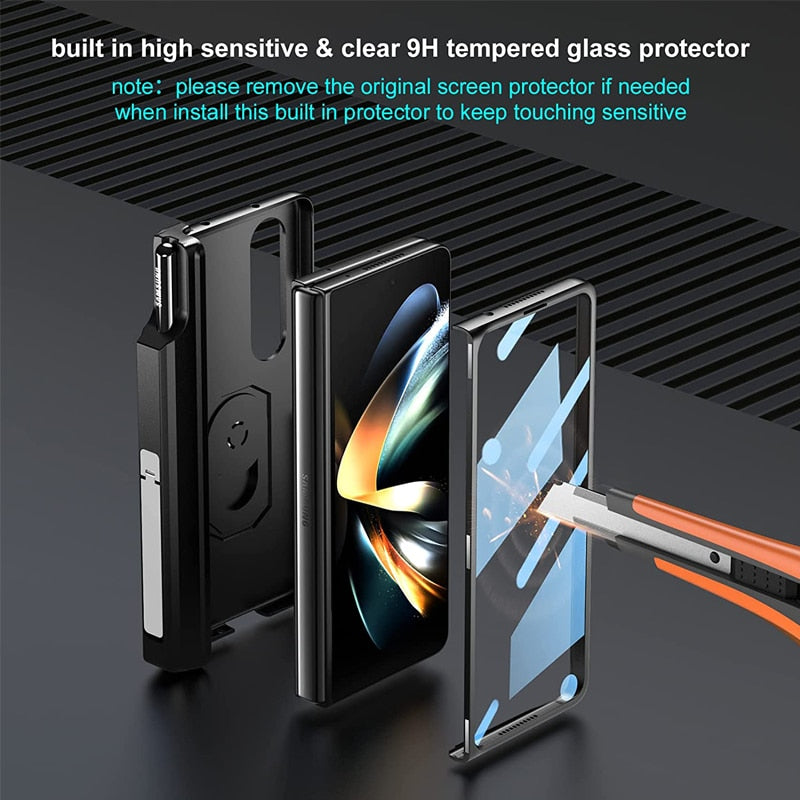 BowLift | Luxury Case with S Pen Holder and Hinge Screen Protection Ring Stand Case for Samsung Galaxy Z Fold 5 Z Fold 4
