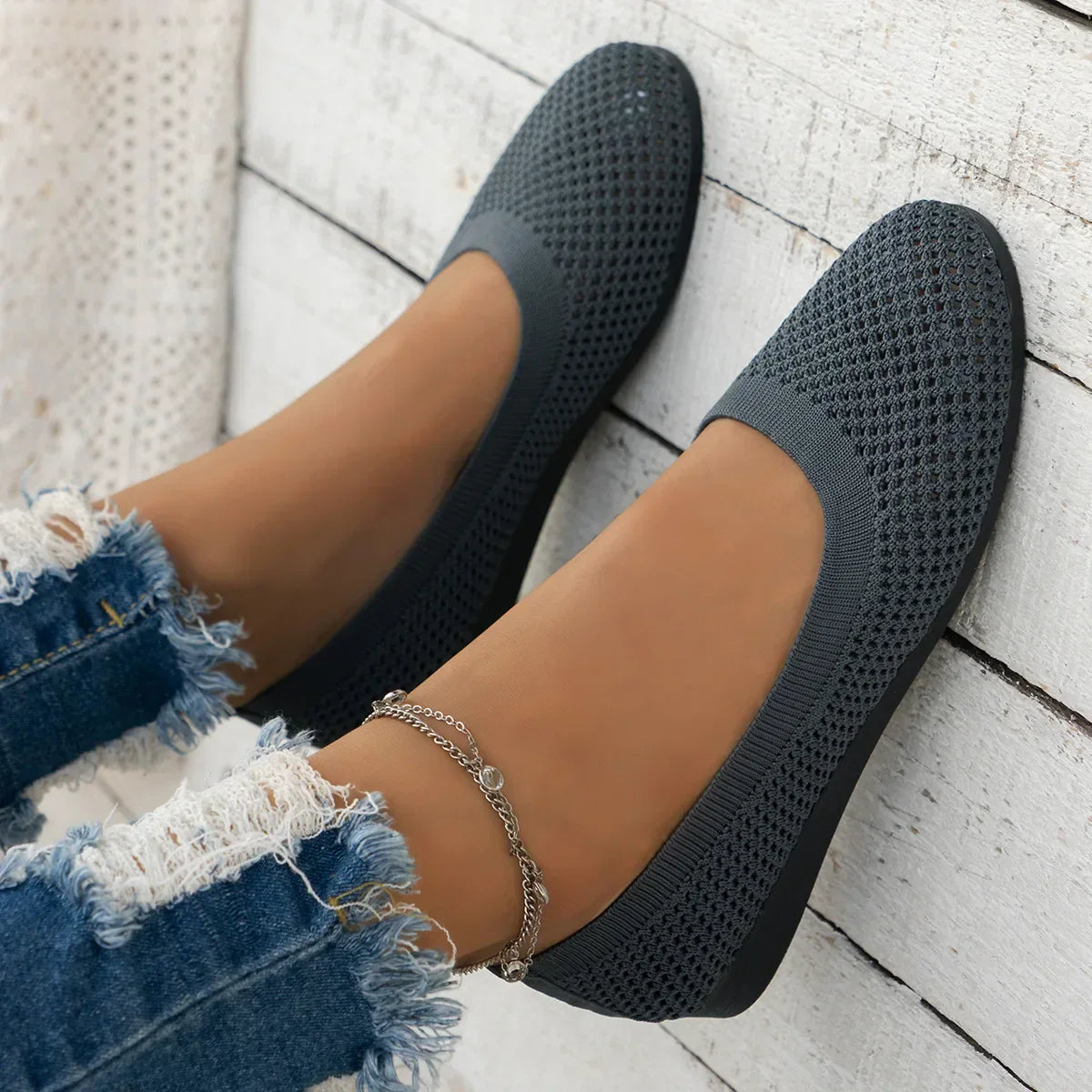 BowLift | Women Round Toe Flat Shoes Solid Color Knit Slippers Casual Breathable Ballet Flats Women Flat Shoes Loafers Women