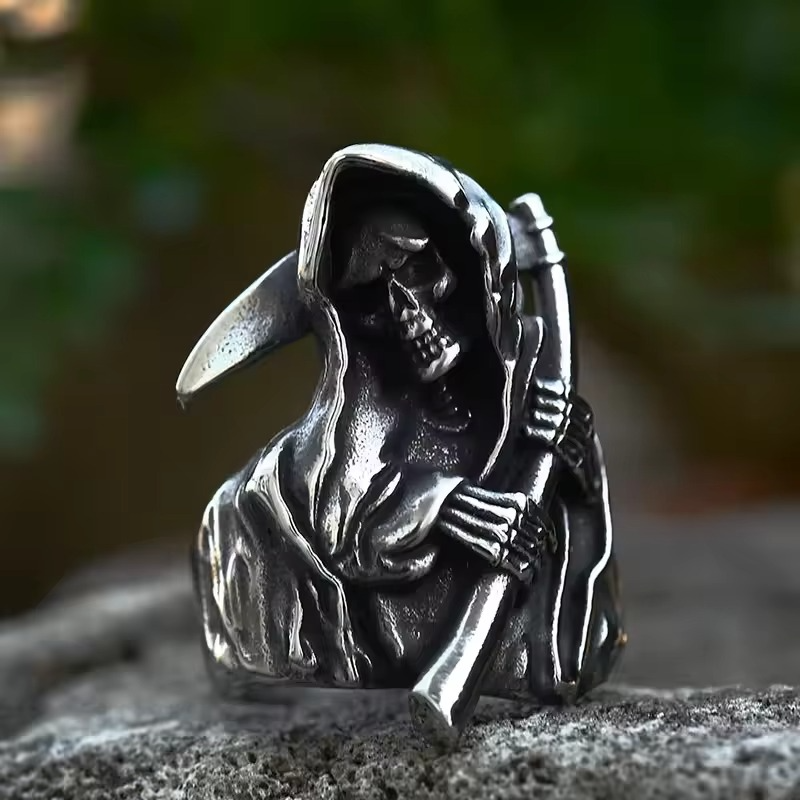 BowLift | Grim Reaper Skull Ring for Men, Stainless Steel Punk Biker Jewelry