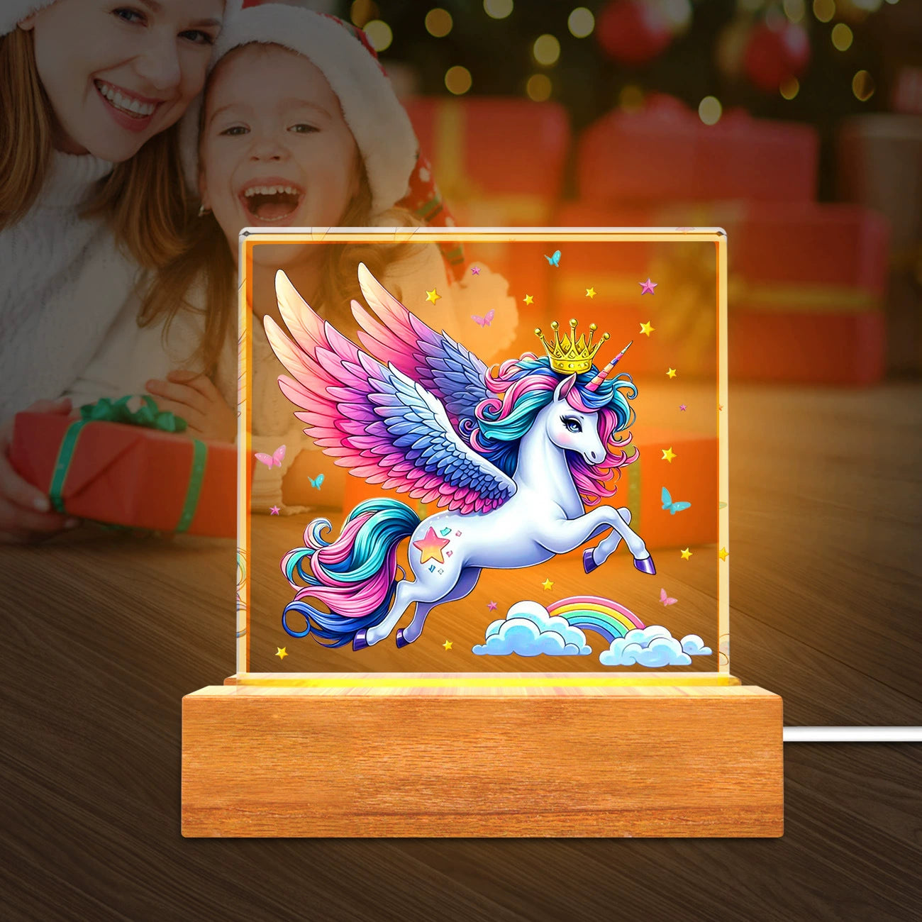 Solid Wood Base Acrylic Night Light Kids Creative Gift USB Table Lamp