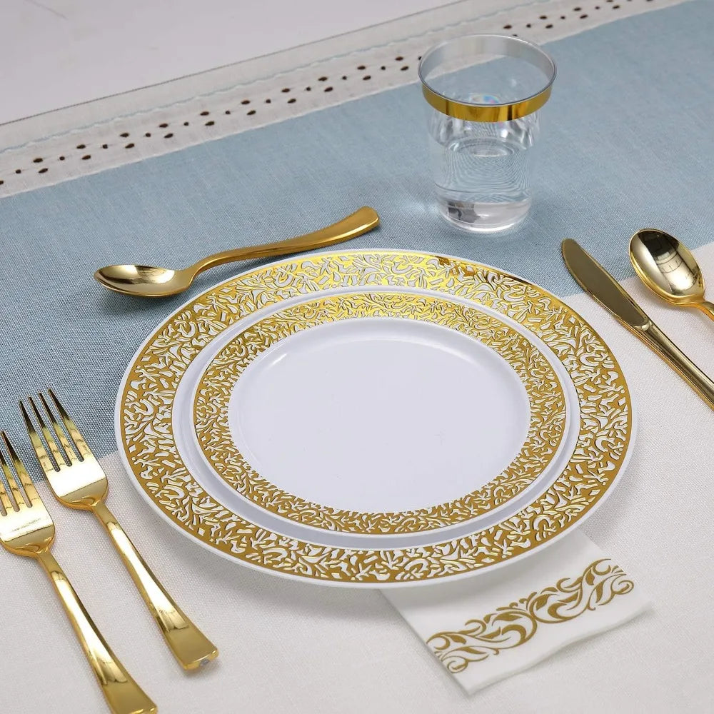 BowLift | 350pcs Disposable Gold Lace Dinnerware Set for 50 Guests