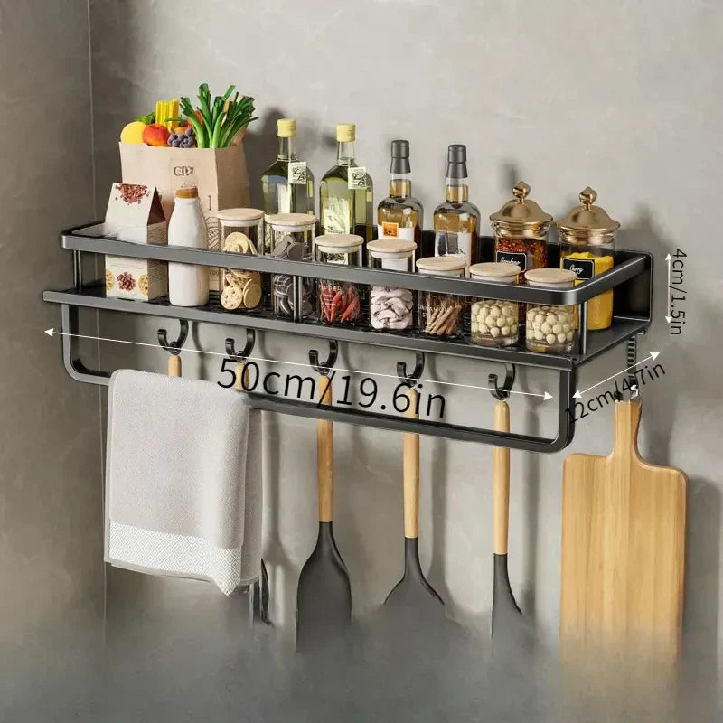 BowLift | Black Wall-Mounted Kitchen Rack – Spice Shelf with Utensil Hook Bar