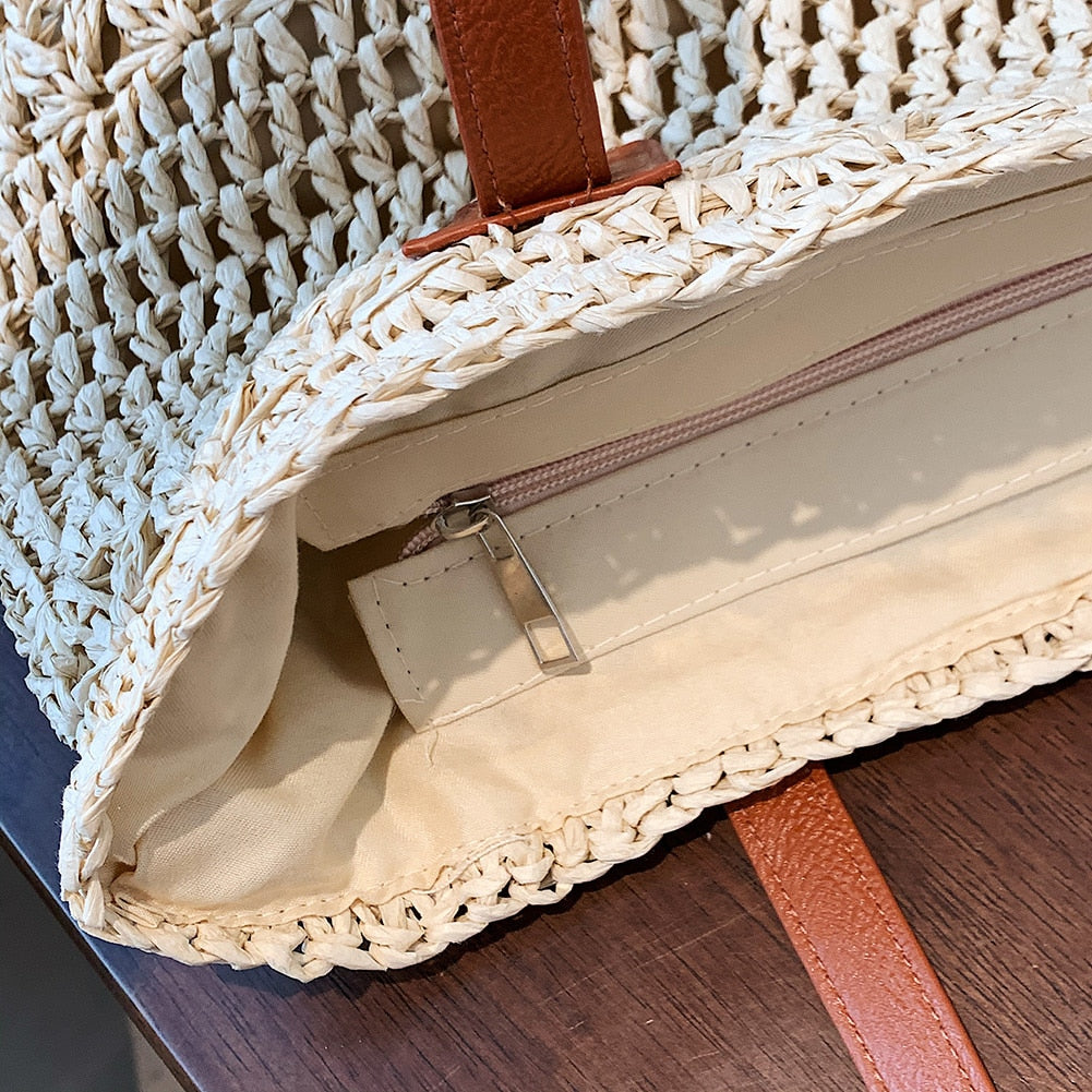 BowLift | Genevieve | Chic Straw Tote Bag with Genuine Leather Straps – Elegant Summer Handbag