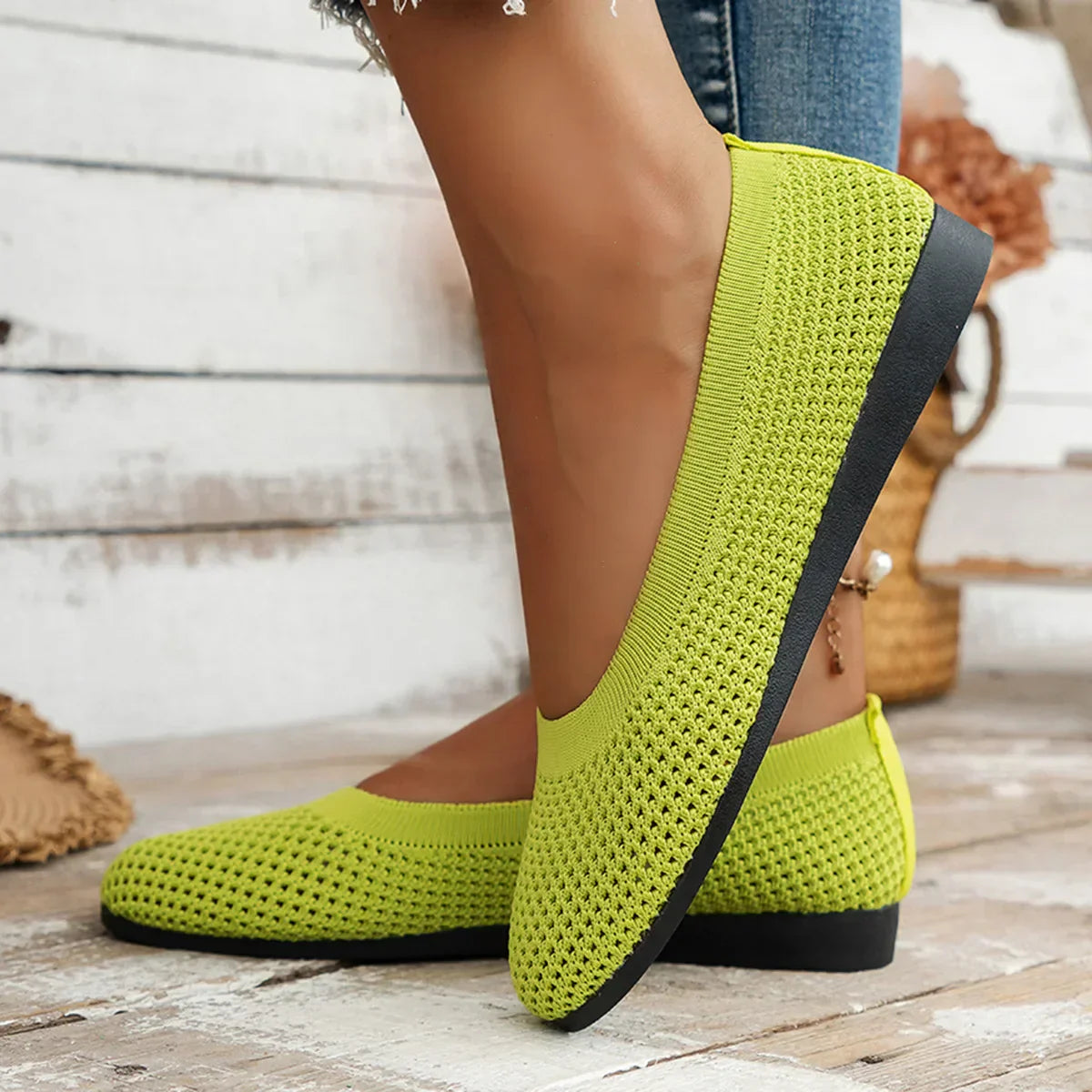 BowLift | Women Round Toe Flat Shoes Solid Color Knit Slippers Casual Breathable Ballet Flats Women Flat Shoes Loafers Women