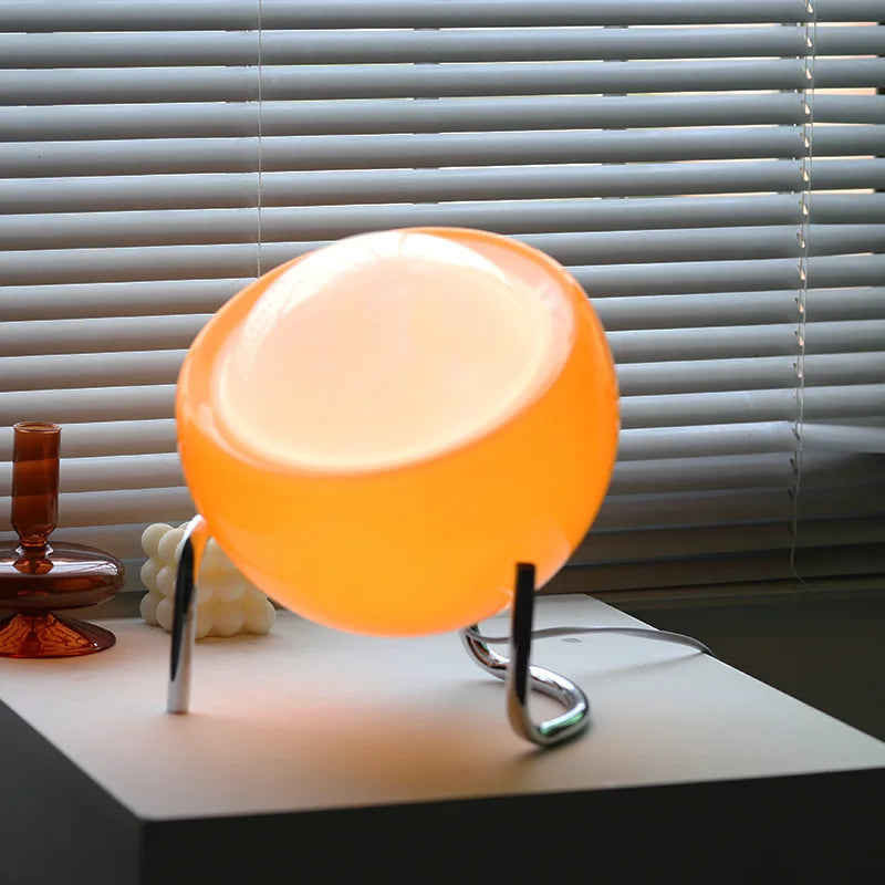 BowLift | Aurivio Table Lamp | Glass & Stainless Steel | Retro-Nordic Design | LED Night Light Beige/Orange | Ø21×H25 cm
