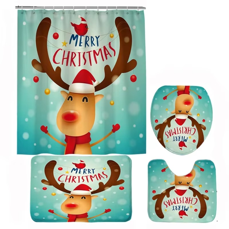 BowLift | Christmas Bathroom Set with Shower Curtain, Non-Slip Bath Mat, Toilet Lid Cover, and Rug – Santa, Bear, and Snowman Winter Design
